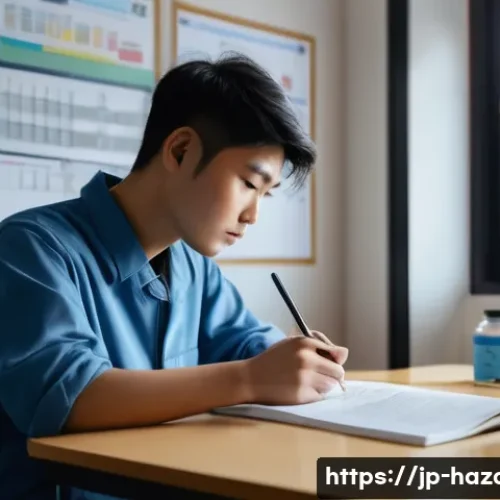 위험물관리사 시험 고득점을 위한 학습 스케줄 - A modern Japanese study room scene showing a young adult studying for the hazardous materials handle...