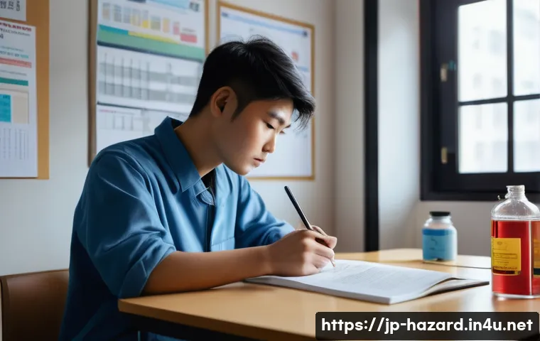 위험물관리사 시험 고득점을 위한 학습 스케줄 - A modern Japanese study room scene showing a young adult studying for the hazardous materials handle...