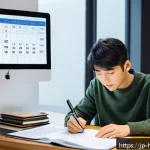 위험물관리사 실기 시험 체크리스트 - A focused Japanese young adult studying efficiently at a tidy desk in a modern room, with a digital ...