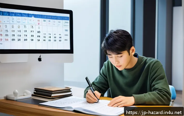 위험물관리사 실기 시험 체크리스트 - A focused Japanese young adult studying efficiently at a tidy desk in a modern room, with a digital ...