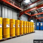 위험물관리사 실무 경험이 없는 신입이 알아야 할 것 - A detailed industrial safety scene inside a modern Japanese chemical storage facility, showcasing va...