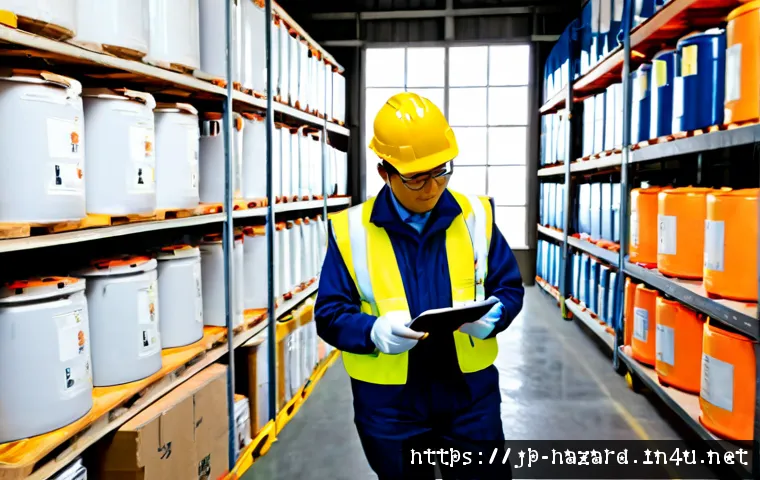 위험물관리사 자격증으로 가능한 프리랜서 일거리 - Photorealistic independent hazardous materials safety consultant in a neat Japanese industrial wareh...