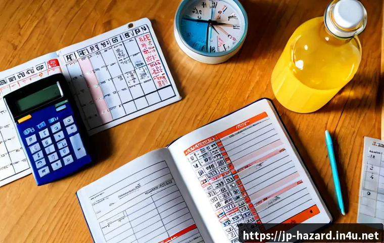 위험물관리사 시험 중점 과목 분석 - Photorealistic overhead study desk for hazardous materials certification exam preparation in Japan, ...