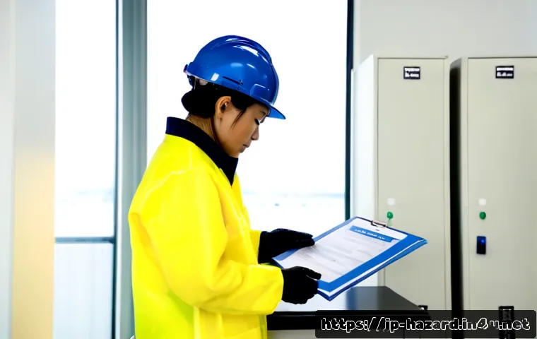 위험물관리사 경력 개발을 위한 추가 자격증 - Photorealistic Japanese industrial safety professional in clean protective workwear reviewing a blan...